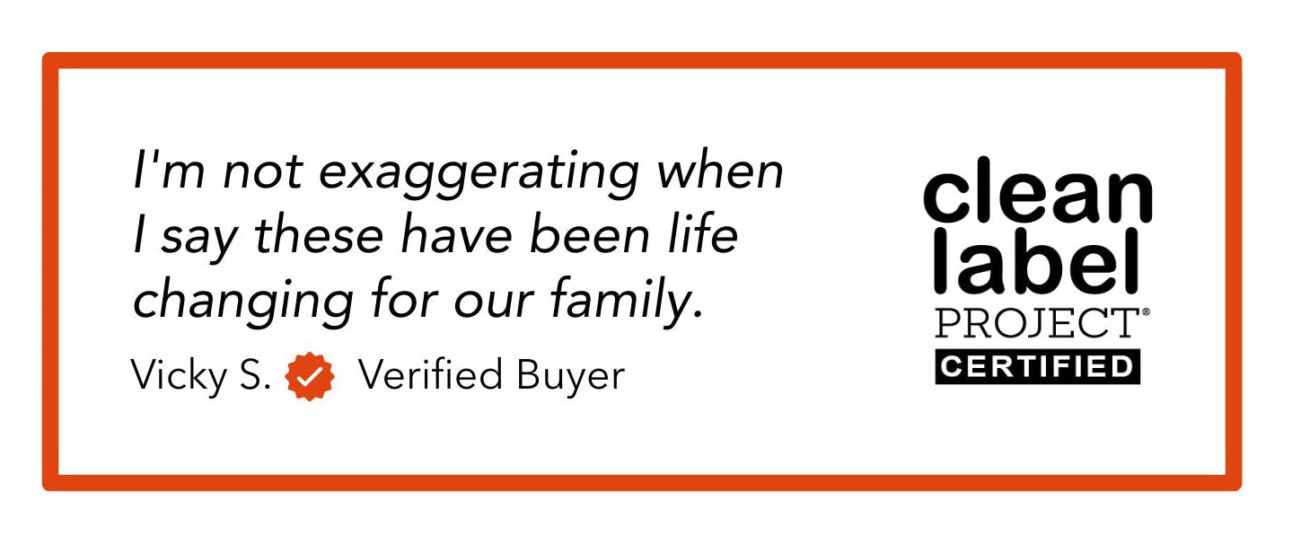 Quote from a verified buyer about life-changing effects, with Clean Label Project certification logo.