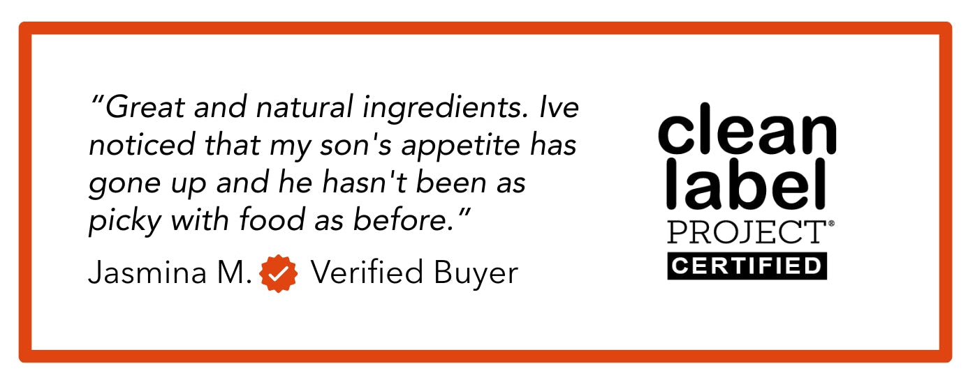 Verified buyer testimonial for a product with Clean Label Project certification on a white background.